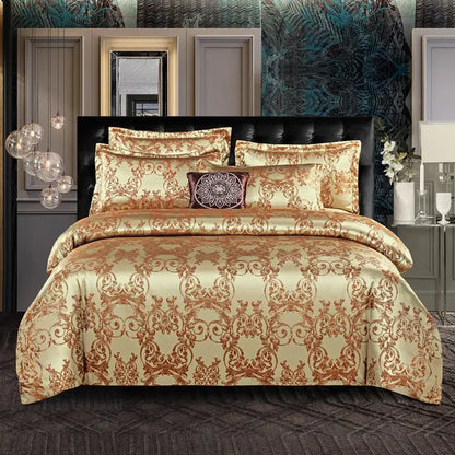 Luxurious gold & teal jacquard satin bedding set bedroom duvet cover
