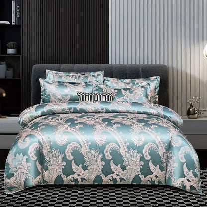 Luxurious gold & teal jacquard satin bedding set bedroom duvet cover