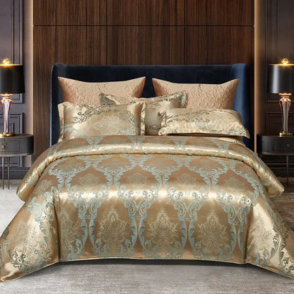 Luxurious gold & teal jacquard satin bedding set bedroom duvet cover