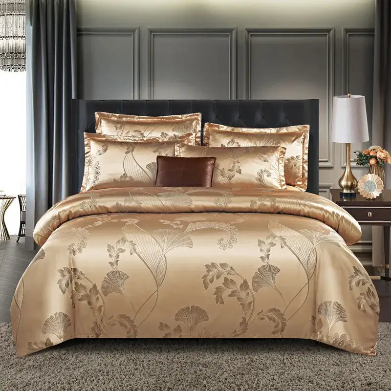 Luxurious gold & teal jacquard satin bedding set bedroom duvet cover