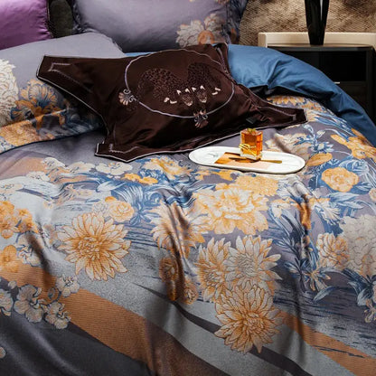 Luxurious gray & gold jacquard egyptian cotton bedding set bedroom