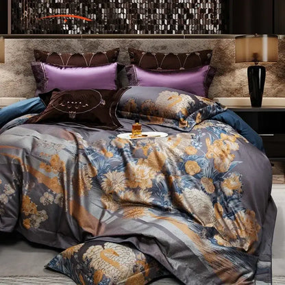 Luxurious gray & gold jacquard egyptian cotton bedding set bedroom