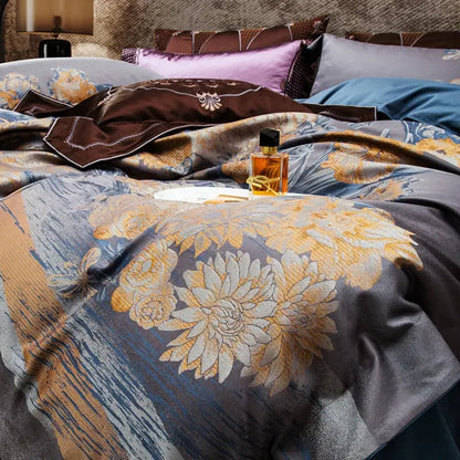 Luxurious gray & gold jacquard egyptian cotton bedding set bedroom