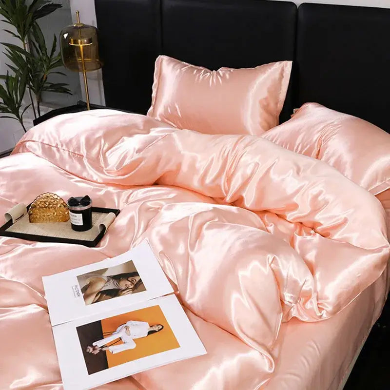 Luxurious peach satin duvet cover and pillowcase set bedroom bedding
