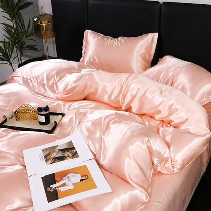 Luxurious peach satin duvet cover and pillowcase set bedroom bedding