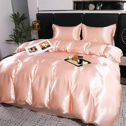 Luxurious peach satin duvet cover and pillowcase set bedroom bedding