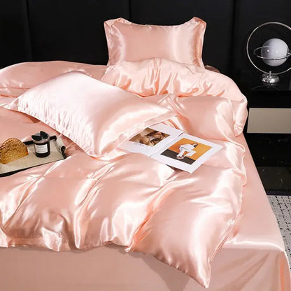 Luxurious peach satin duvet cover and pillowcase set bedroom bedding