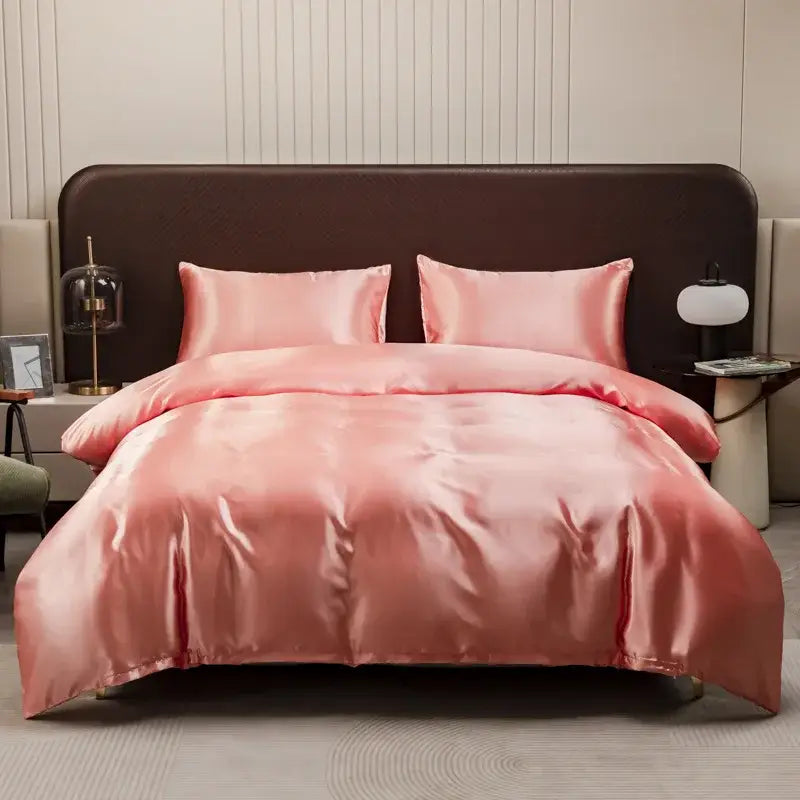 Luxurious peach satin duvet cover and pillowcase set bedroom bedding