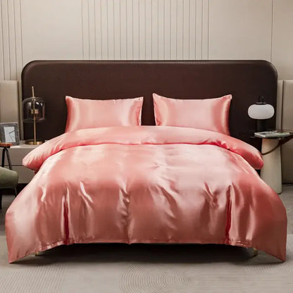 Luxurious peach satin duvet cover and pillowcase set bedroom bedding