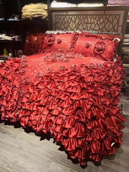 Luxurious red & champagne jacquard rose lace bedding set bedroom