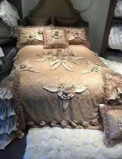 Luxurious red & champagne jacquard rose lace bedding set bedroom