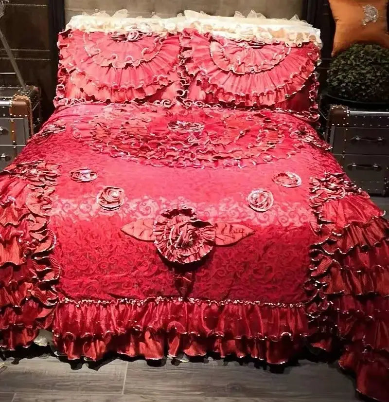 Luxurious red & champagne jacquard rose lace bedding set bedroom