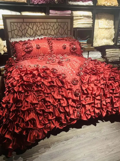 Luxurious red & champagne jacquard rose lace bedding set bedroom
