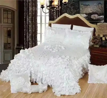 Luxurious red & champagne jacquard rose lace bedding set bedroom