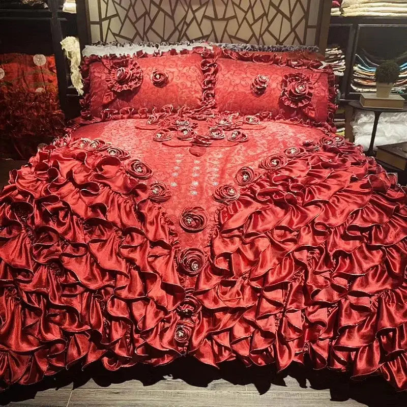 Luxurious red & champagne jacquard rose lace bedding set bedroom