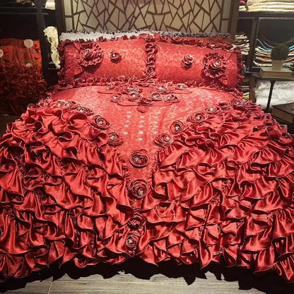 Luxurious red & champagne jacquard rose lace bedding set bedroom