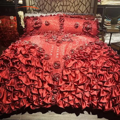Luxurious red & champagne jacquard rose lace bedding set bedroom