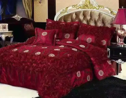 Luxurious red & champagne jacquard rose lace bedding set bedroom