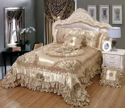 Luxurious red & champagne jacquard rose lace bedding set bedroom