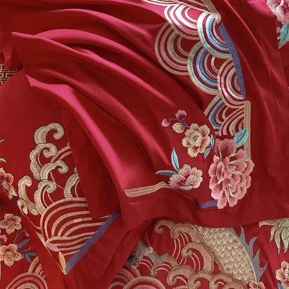 Luxurious red gold loong phoenix bedding set bedroom decor