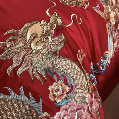 Luxurious red gold loong phoenix bedding set bedroom decor