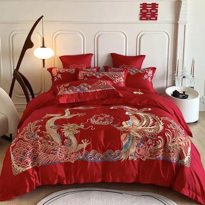 Luxurious red gold loong phoenix bedding set bedroom decor