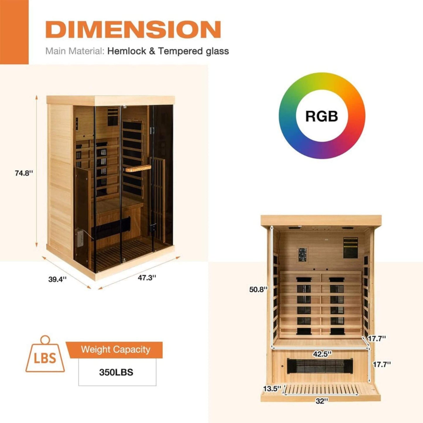 Thermora Luxury 2-Person Low EMF FAR Infrared Heat Wood Home Personal Spa Sauna W/ Panoramic Tempered Glass, 2000W (SAK27481)