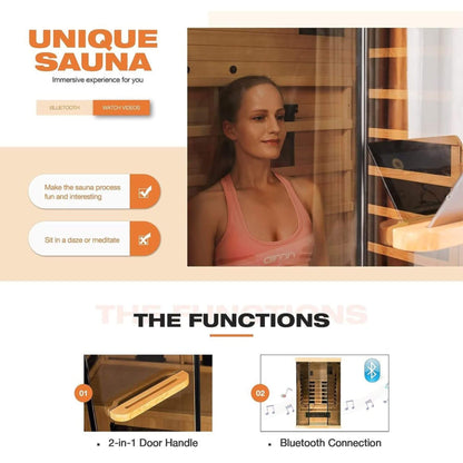 Thermora Luxury 2-Person Low EMF FAR Infrared Heat Wood Home Personal Spa Sauna W/ Panoramic Tempered Glass, 2000W (SAK27481)