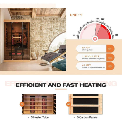 Thermora Luxury 2-Person Low EMF FAR Infrared Heat Wood Home Personal Spa Sauna W/ Panoramic Tempered Glass, 2000W (SAK27481)
