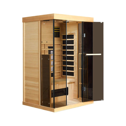 Thermora Luxury 2-Person Low EMF FAR Infrared Heat Wood Home Personal Spa Sauna W/ Panoramic Tempered Glass, 2000W (SAK27481)