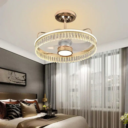 Luxury black & gold crystal ceiling fan chandelier bedroom light