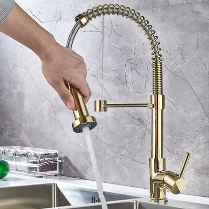 Luxury black & gold kitchen faucet with pull out spring hose