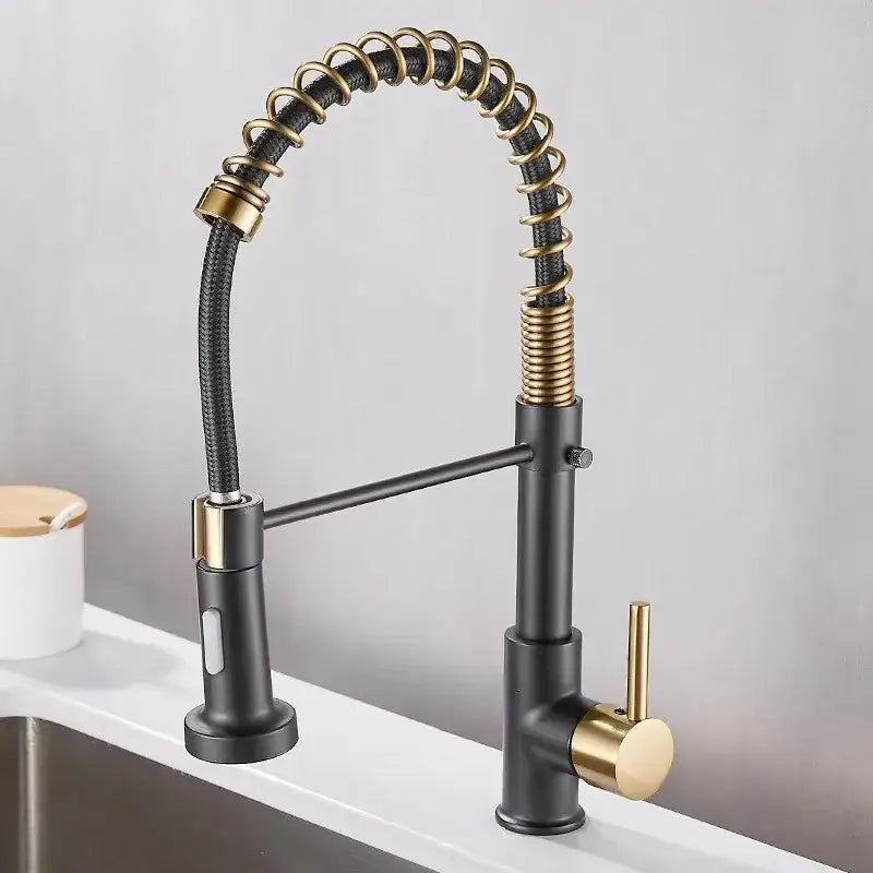 Luxury black & gold kitchen faucet with pull out spring hose