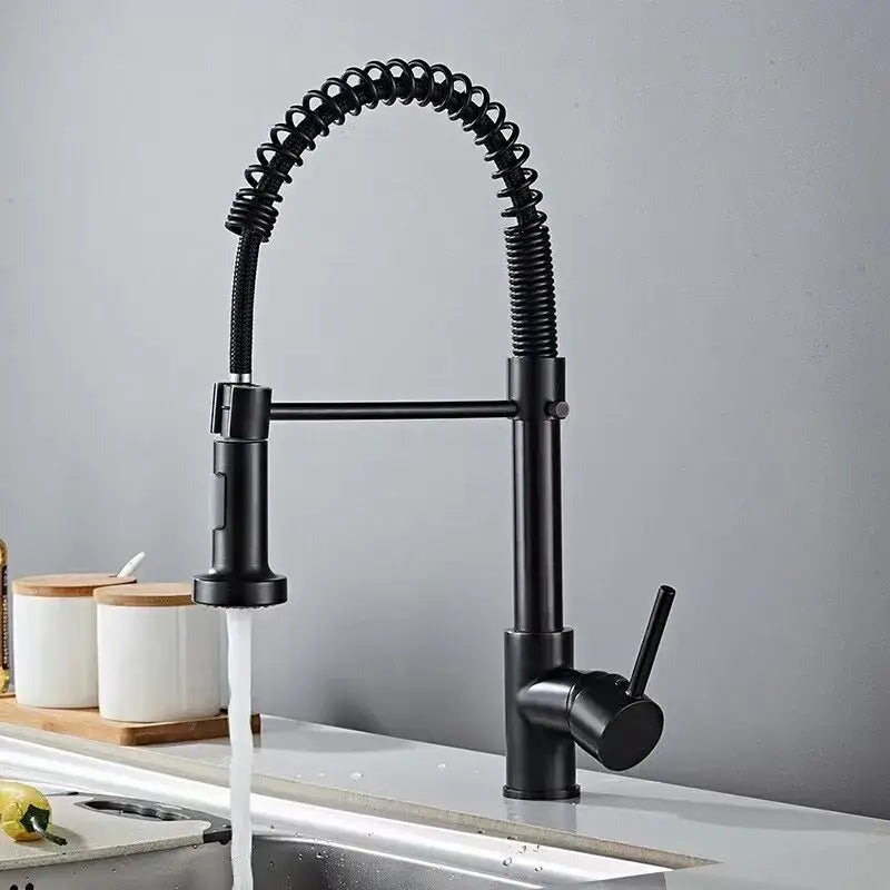 Luxury black & gold kitchen faucet with pull out spring hose