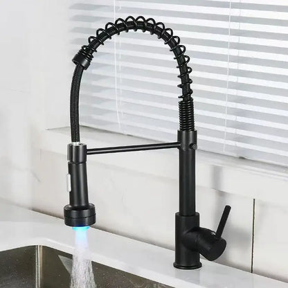 Luxury black & gold kitchen faucet with pull out spring hose