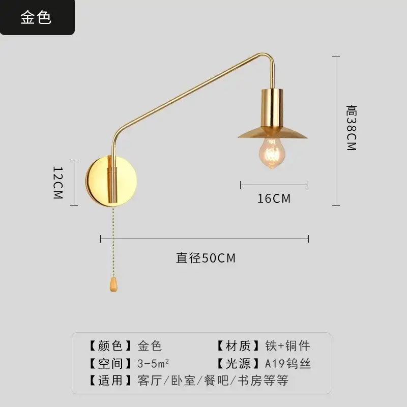 Luxury black & gold swing arm wall lamp bedroom reading light
