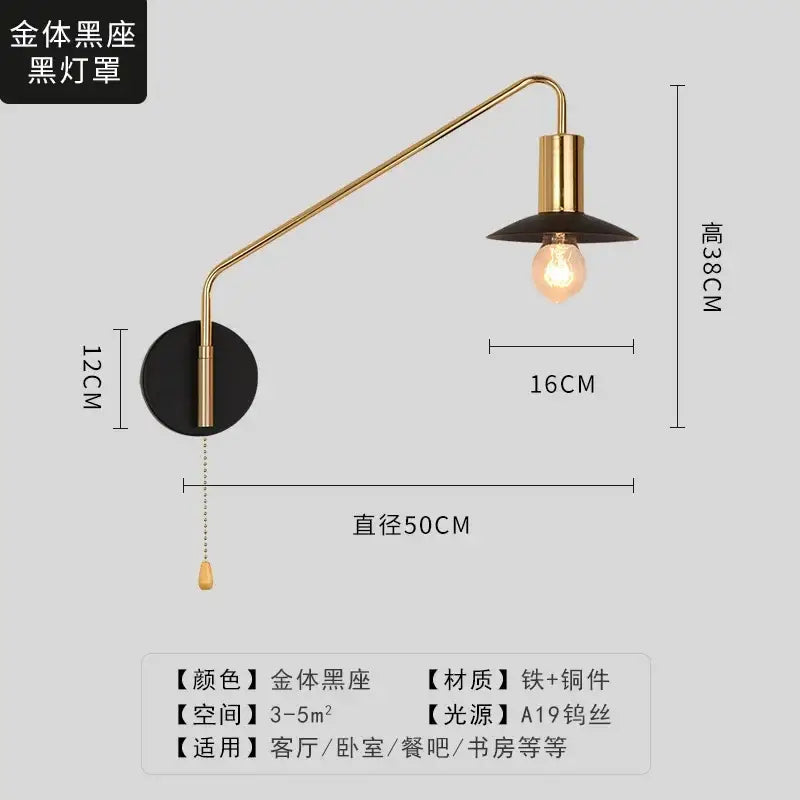 Luxury black & gold swing arm wall lamp bedroom reading light