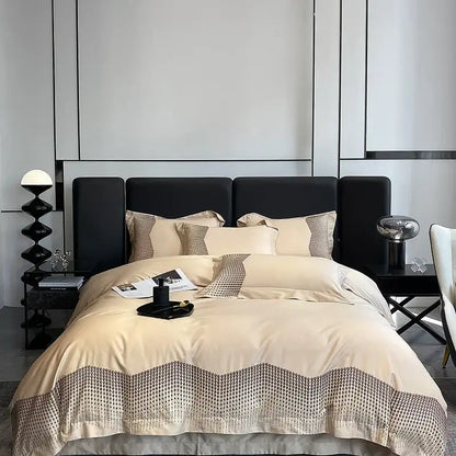 Luxury blue & champagne 1000tc cotton embroidery bedding set bedroom