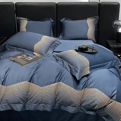 Luxury blue & champagne 1000tc cotton embroidery bedding set bedroom