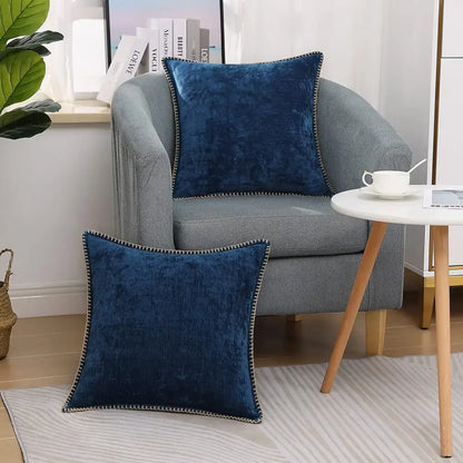 Luxury blue chenille cushion covers living room stitched edge pillow