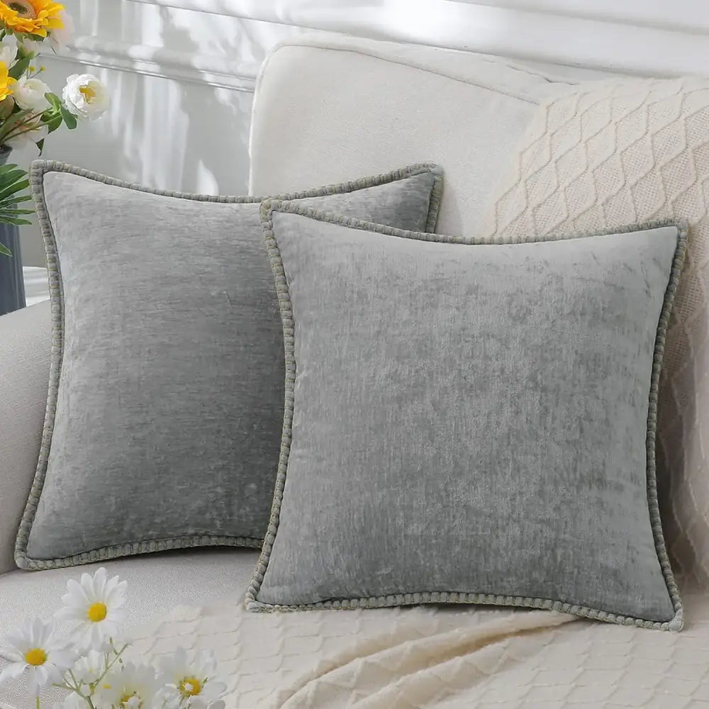 Luxury blue chenille cushion covers living room stitched edge pillow