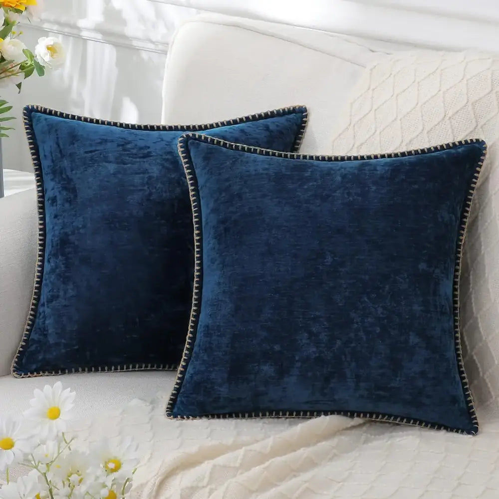 Luxury blue chenille cushion covers living room stitched edge pillow