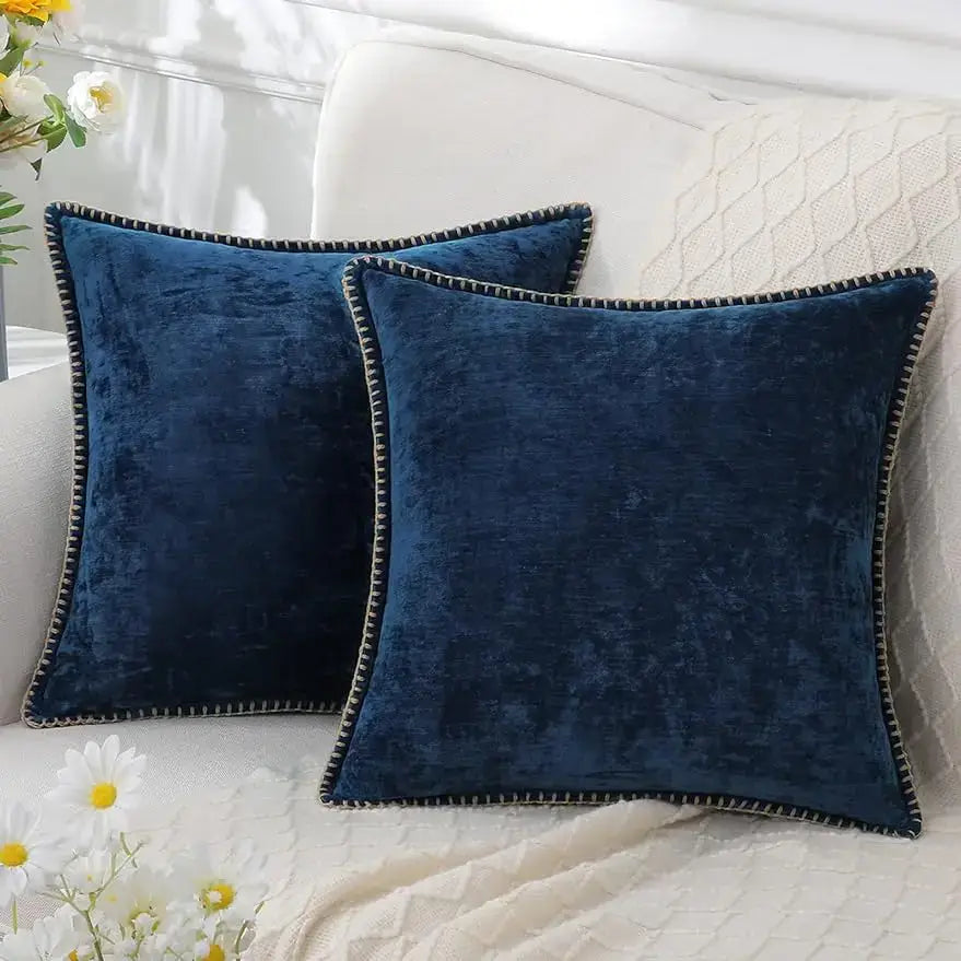 Luxury blue chenille cushion covers living room stitched edge pillow