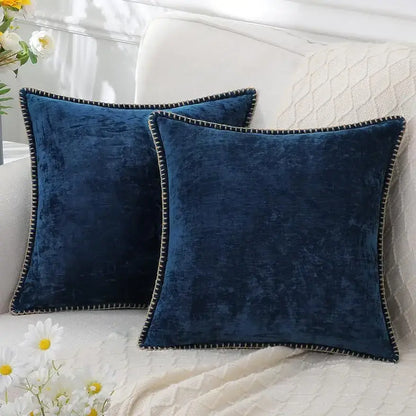 Luxury blue chenille cushion covers living room stitched edge pillow