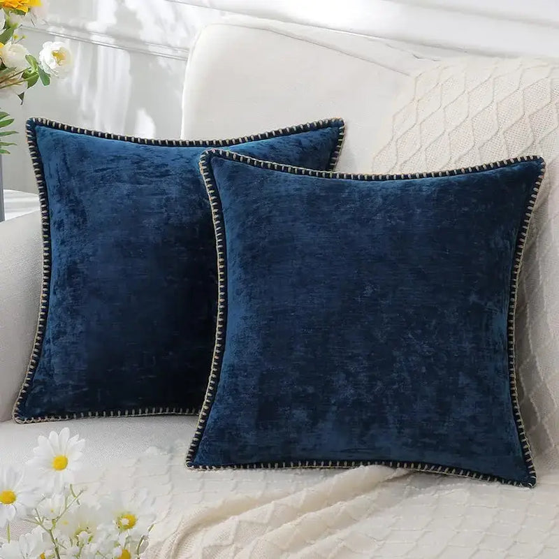 Luxury blue chenille cushion covers living room stitched edge pillow