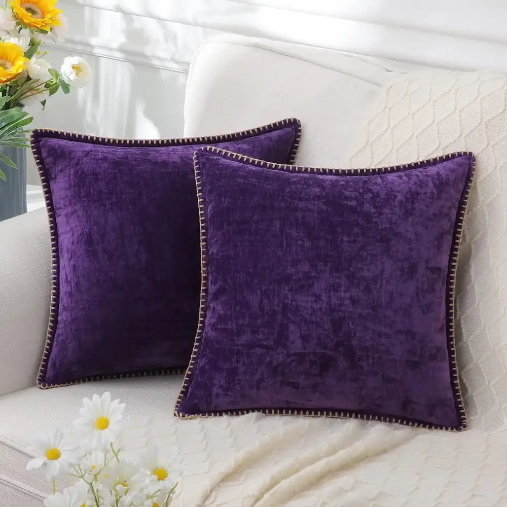 Luxury blue chenille cushion covers living room stitched edge pillow