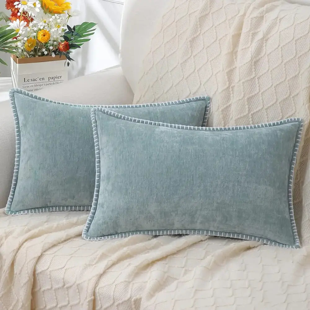 Luxury blue chenille cushion covers living room stitched edge pillow
