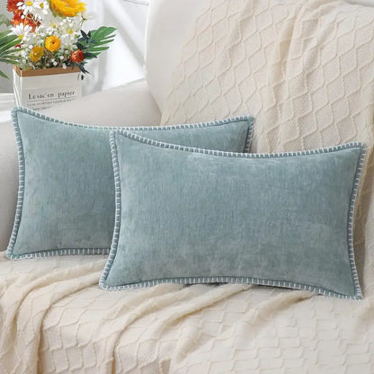 Luxury blue chenille cushion covers living room stitched edge pillow