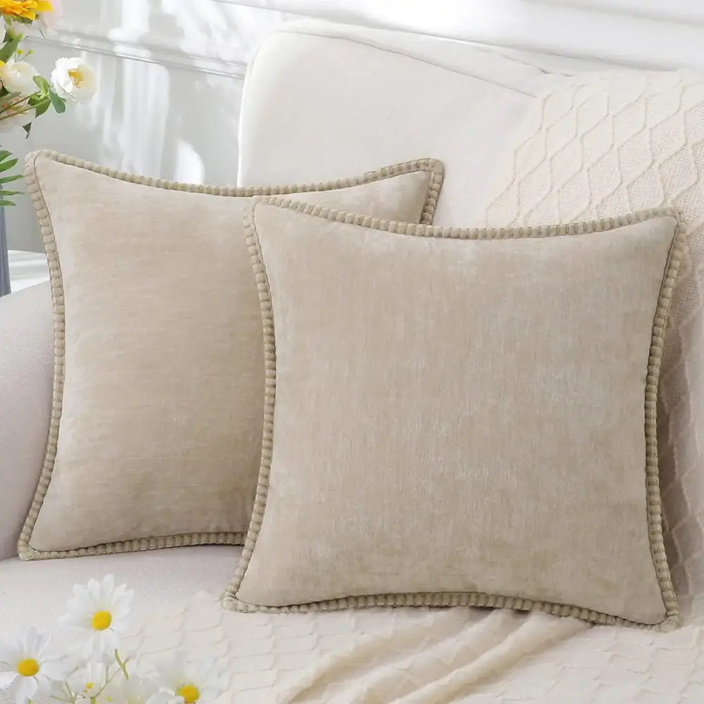 Luxury blue chenille cushion covers living room stitched edge pillow