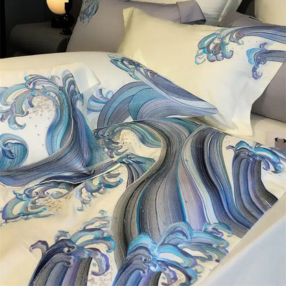 Luxury blue tides waves embroidery bedding set bedroom white satin